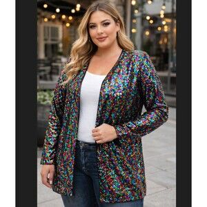Kancy Kole Sequin Blazer 2X Rainbow Open Front Long Sleeve Cardigan Jacket Glam